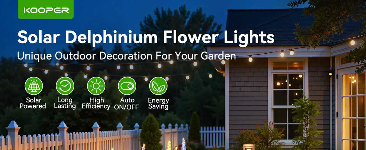 Solar Delphinium flower lights illuminating a garden and house exterior at dusk.