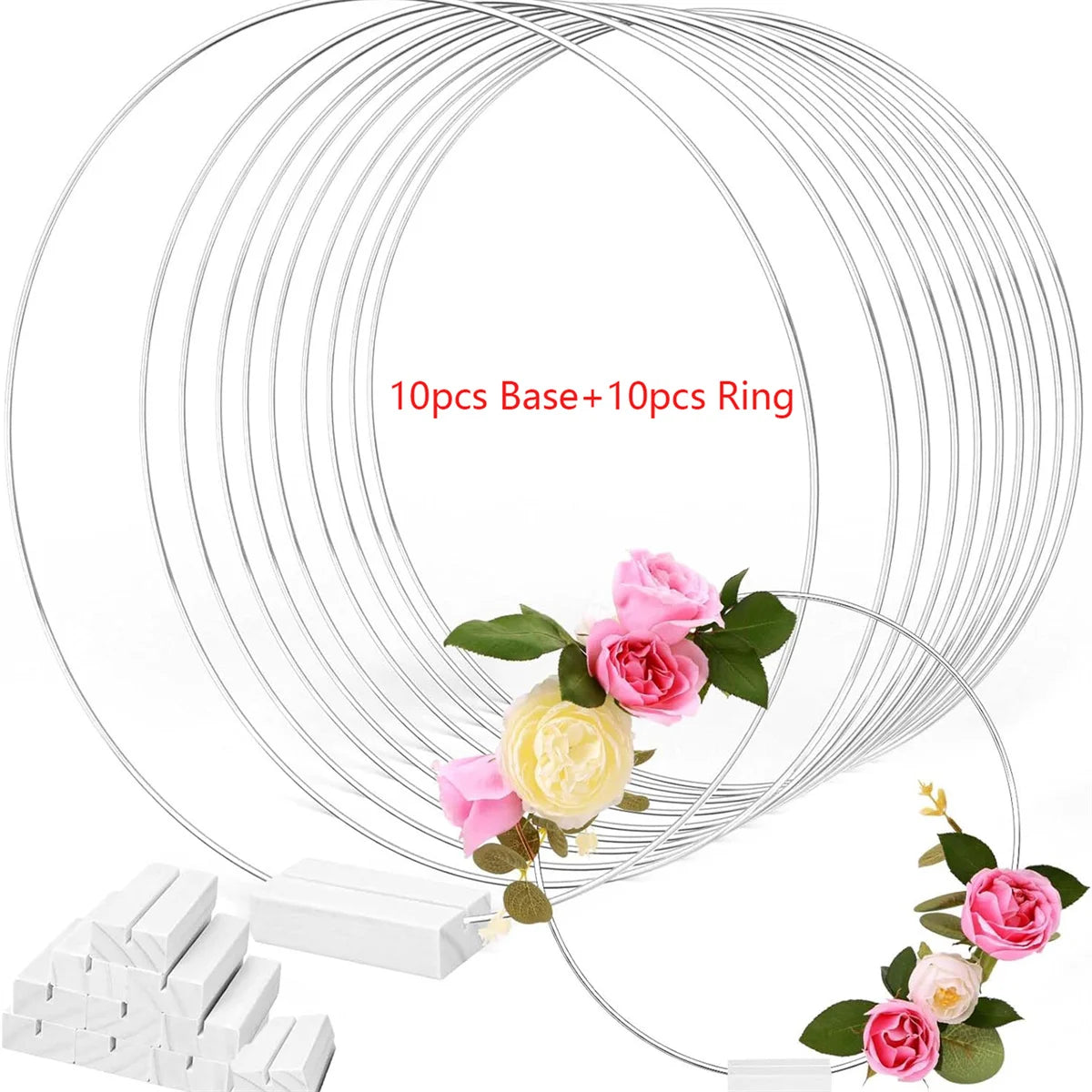 A set of 10 gold metal hoop centerpieces with stands, showing the base and ring components.