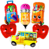 A set of six foil balloons featuring a school bus, apple, and pencil designs for back-to-school celebrations.