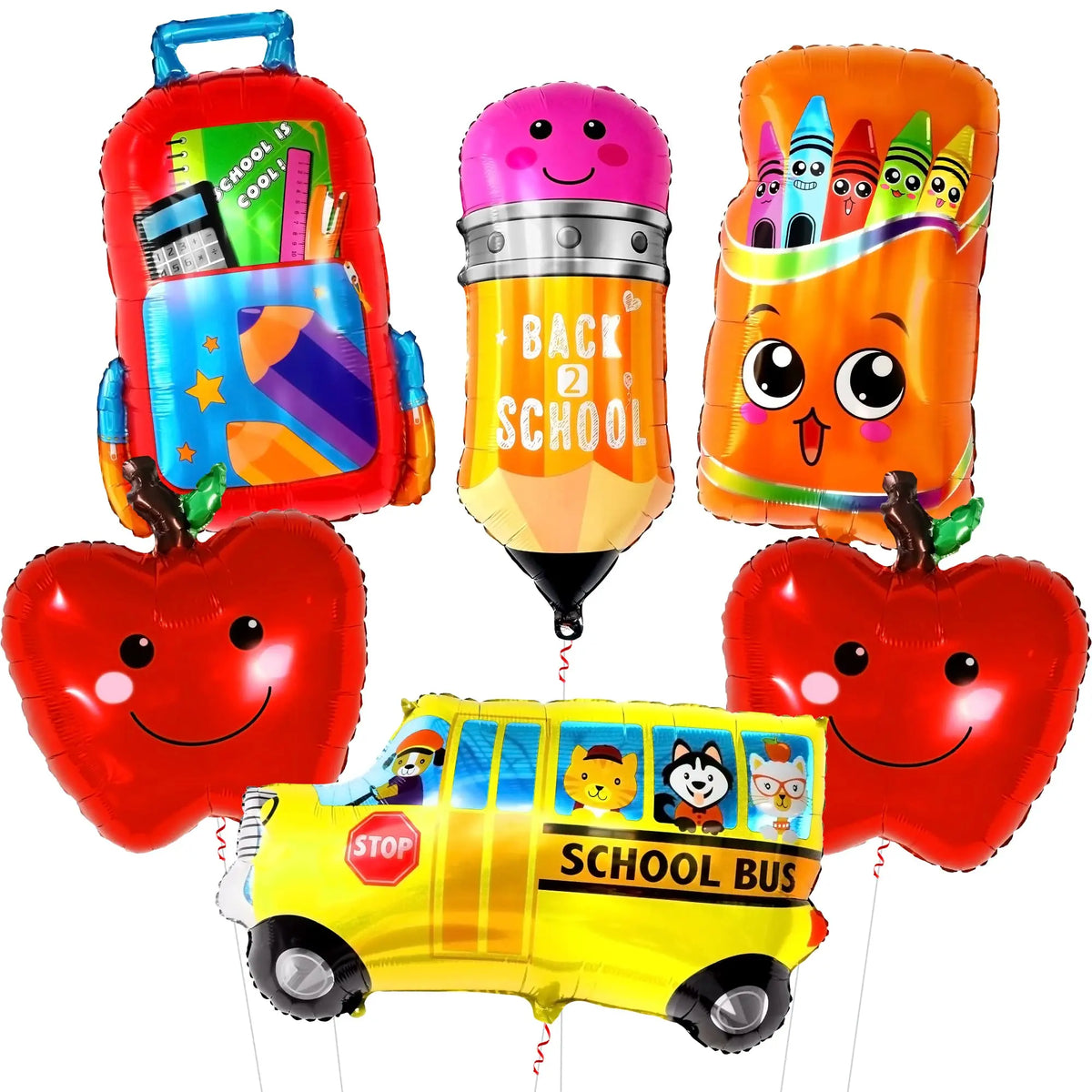 A set of six foil balloons featuring a school bus, apple, and pencil designs for back-to-school celebrations.