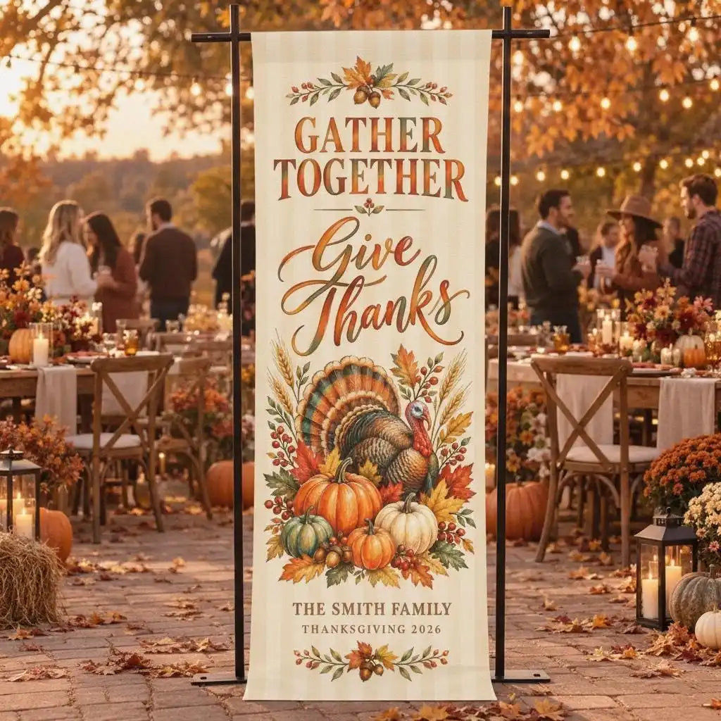 A vertical linen banner with gold lettering that reads Gather Together Give Thanks for The Smith Family Thanksgiving 2026 set