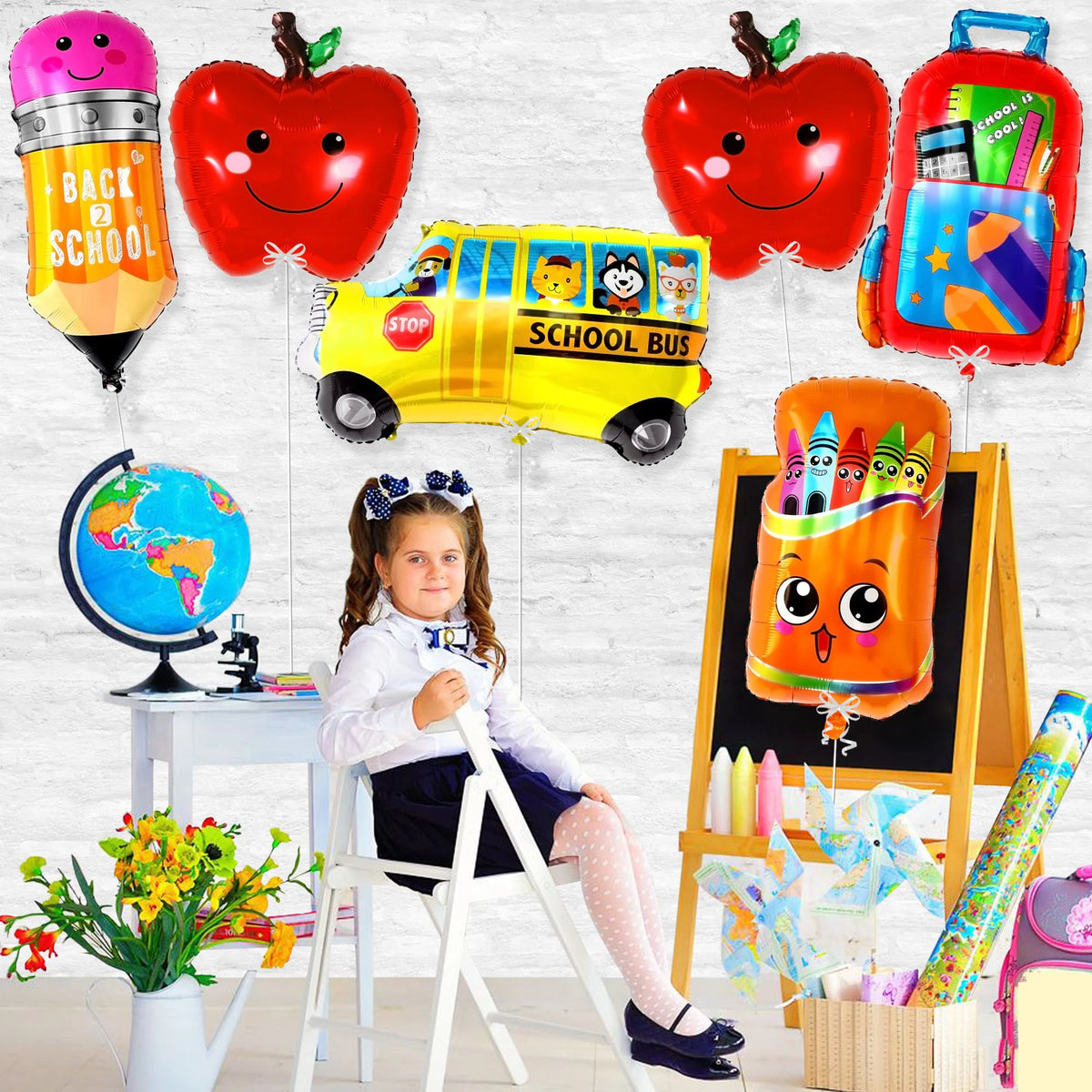 A set of six foil balloons shaped like a school bus for back-to-school celebrations.