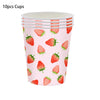 A set of 10 pink cups decorated with strawberry patterns for a party supplies kit.