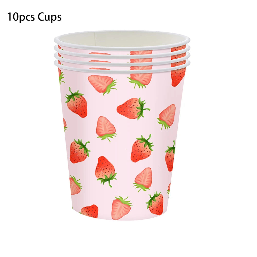 A set of 10 pink cups decorated with strawberry patterns for a party supplies kit.