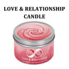 A jar of Love & Relationship candle with a swirling pink wax and an infinity symbol design.