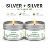 A set of two silver scented candles labeled as a 2-piece combo for citronella scent.