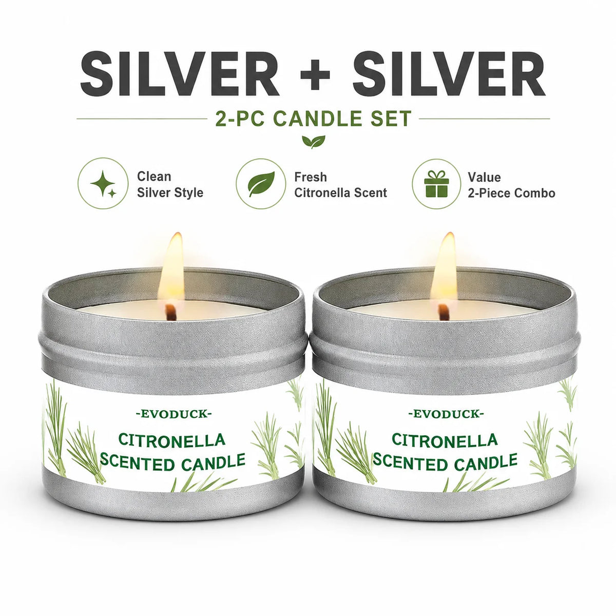A set of two silver scented candles labeled as a 2-piece combo for citronella scent.