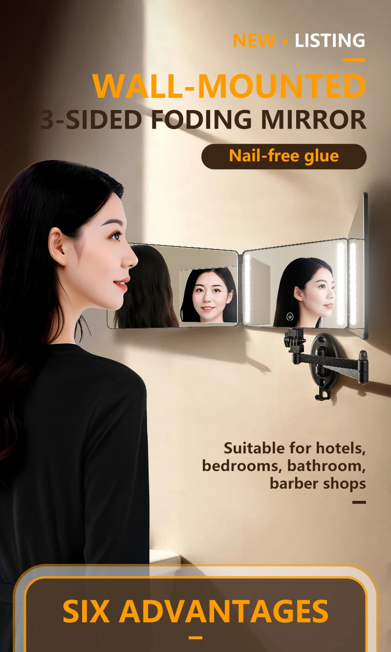 A woman is looking at a wall-mounted 3-sided folding mirror used for hair cutting or grooming.