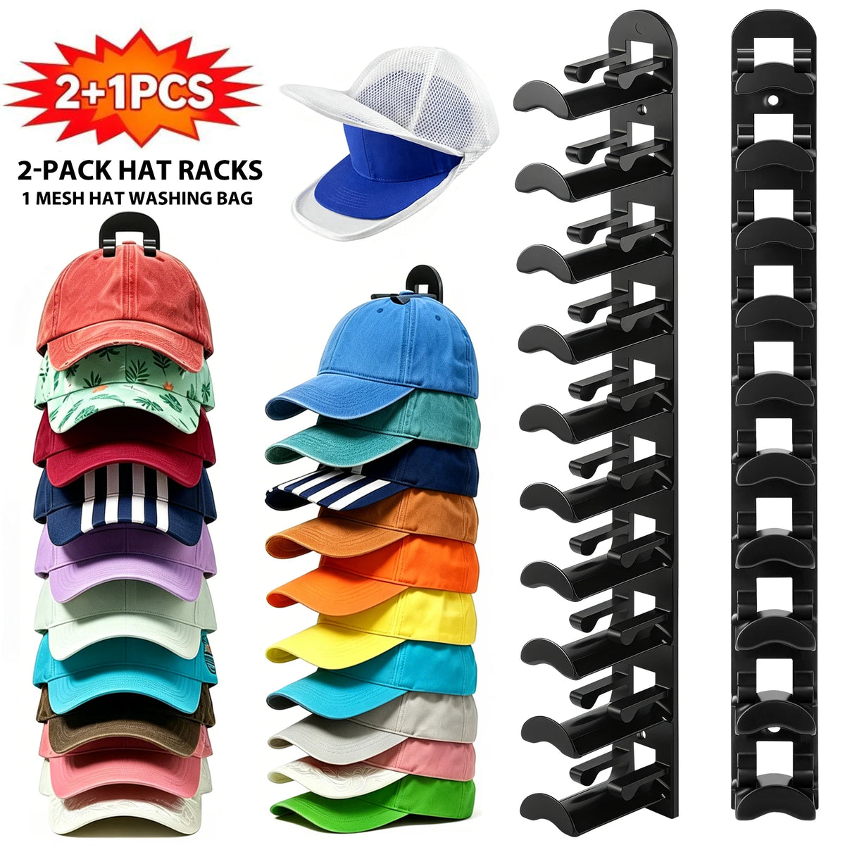 Ein Satz aus zwei schwarzen Klebestirnband-Organizer-Racks mit verschiedenfarbigen Caps.