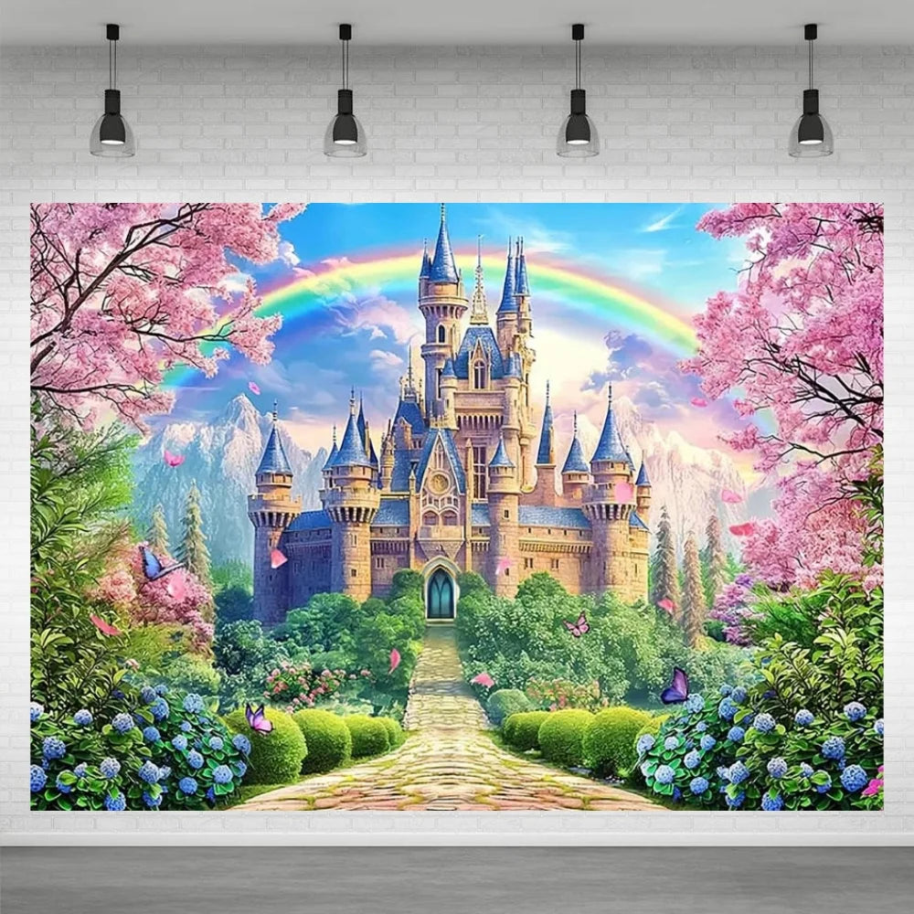 A vibrant fantasy landscape featuring a large castle, pink cherry blossoms, and a rainbow arching over the scene.