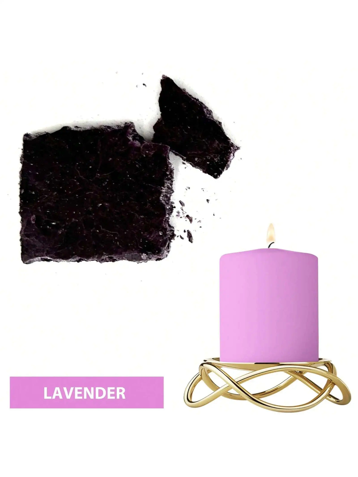 A purple candle in a gold wire holder next to a dark purple dye block.