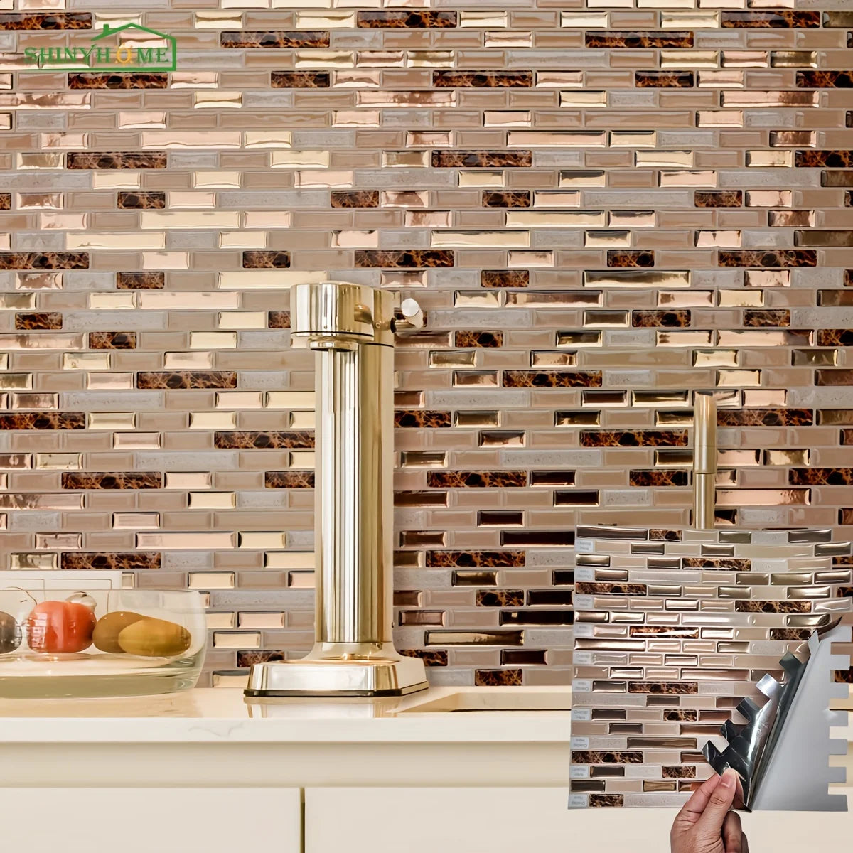 Gold Mosaic Self-Adhesive Wall Tiles for Kitchen and Bathroom