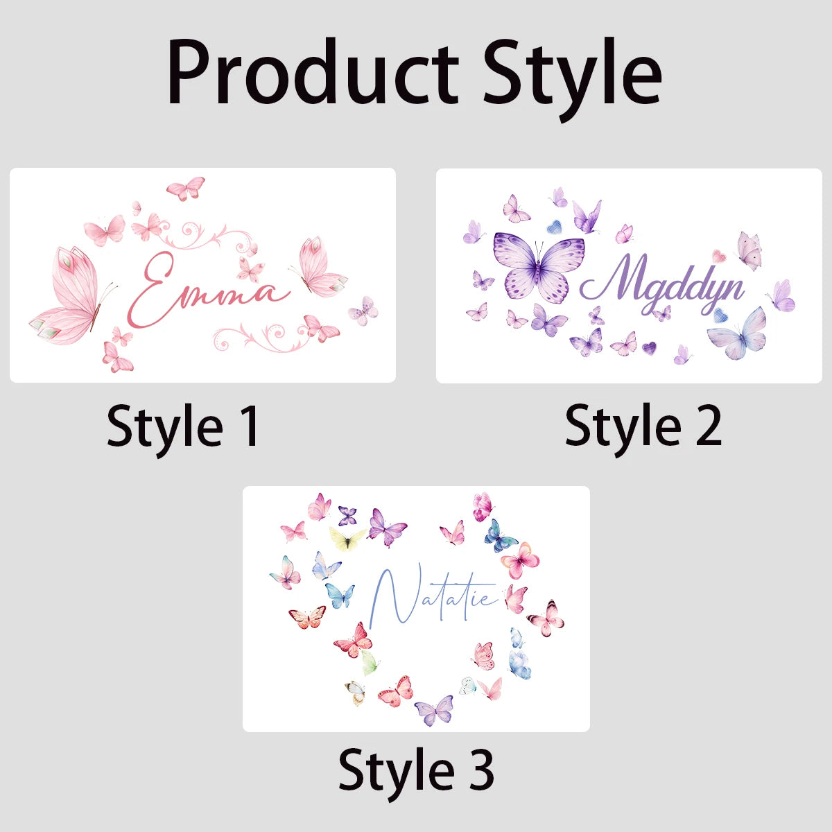 Three styles of personalized butterfly name wall stickers featuring watercolor art for kids' rooms