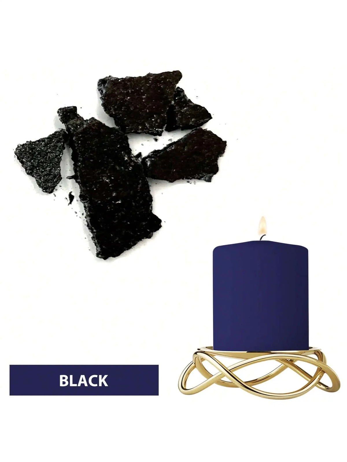 Black candle in a gold wire holder with black dye blocks nearby