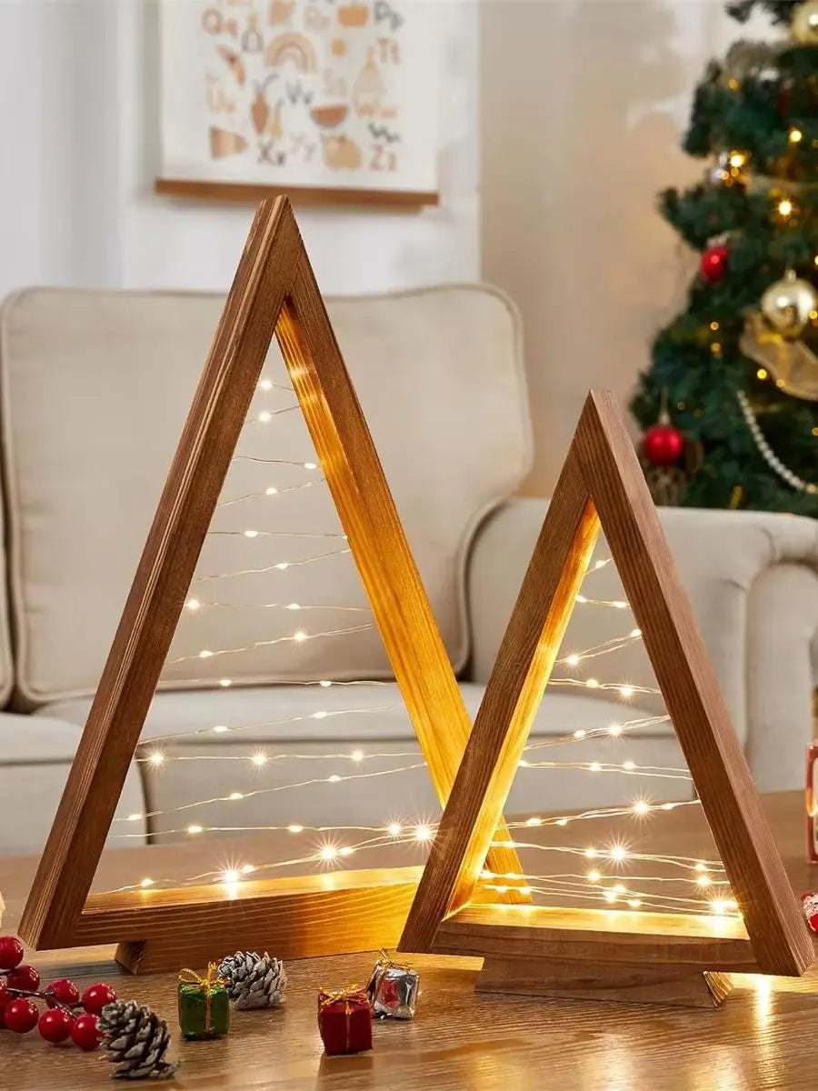 Set of 2 Wooden Tabletop Christmas Trees with Warm White Lights