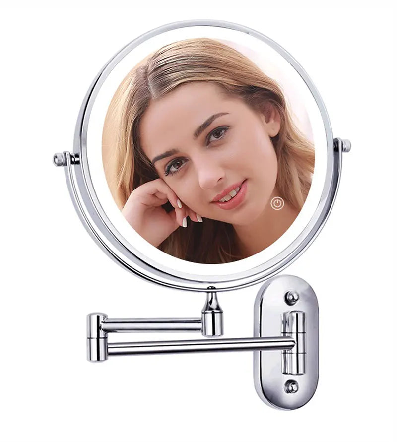 A round illuminated magnifying makeup mirror with a silver frame and adjustable arm.