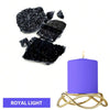 A purple candle in a gold wire holder with black dye blocks nearby.