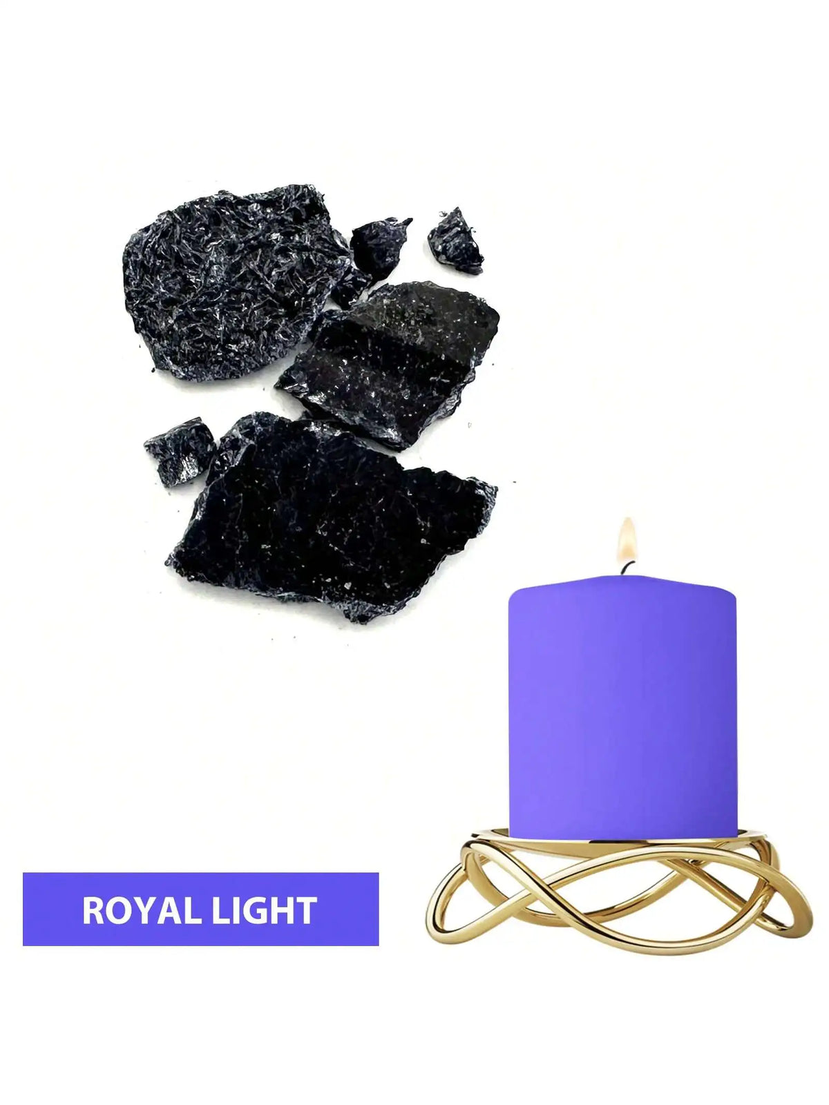 A purple candle in a gold wire holder with black dye blocks nearby.