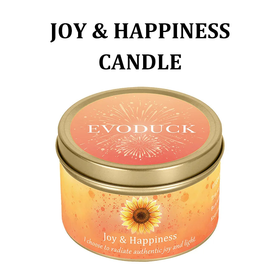 A jar of Joy & Happiness candle with a sunflower design on the label.