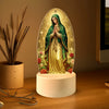 Acrylic LED night light featuring Our Lady of Guadalupe in green and gold on a white base