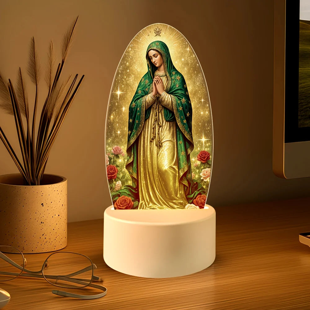 Acrylic LED night light featuring Our Lady of Guadalupe in green and gold on a white base