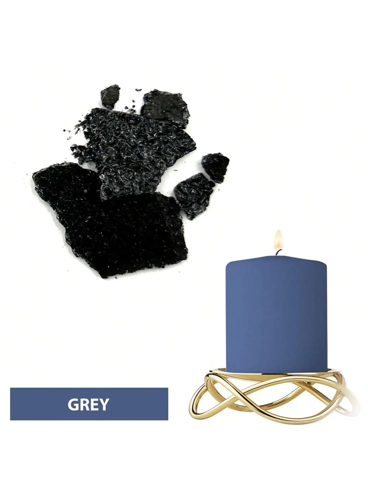 A blue candle in a gold wire holder next to a black dye block and a grey color swatch.