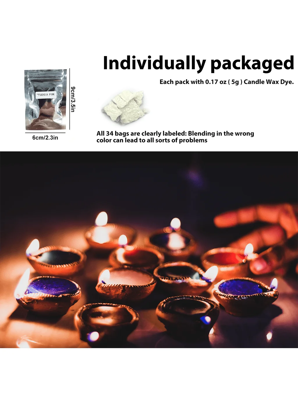 Individual packaging of 34 candle color dye blocks for various waxes, displayed alongside lit candles.