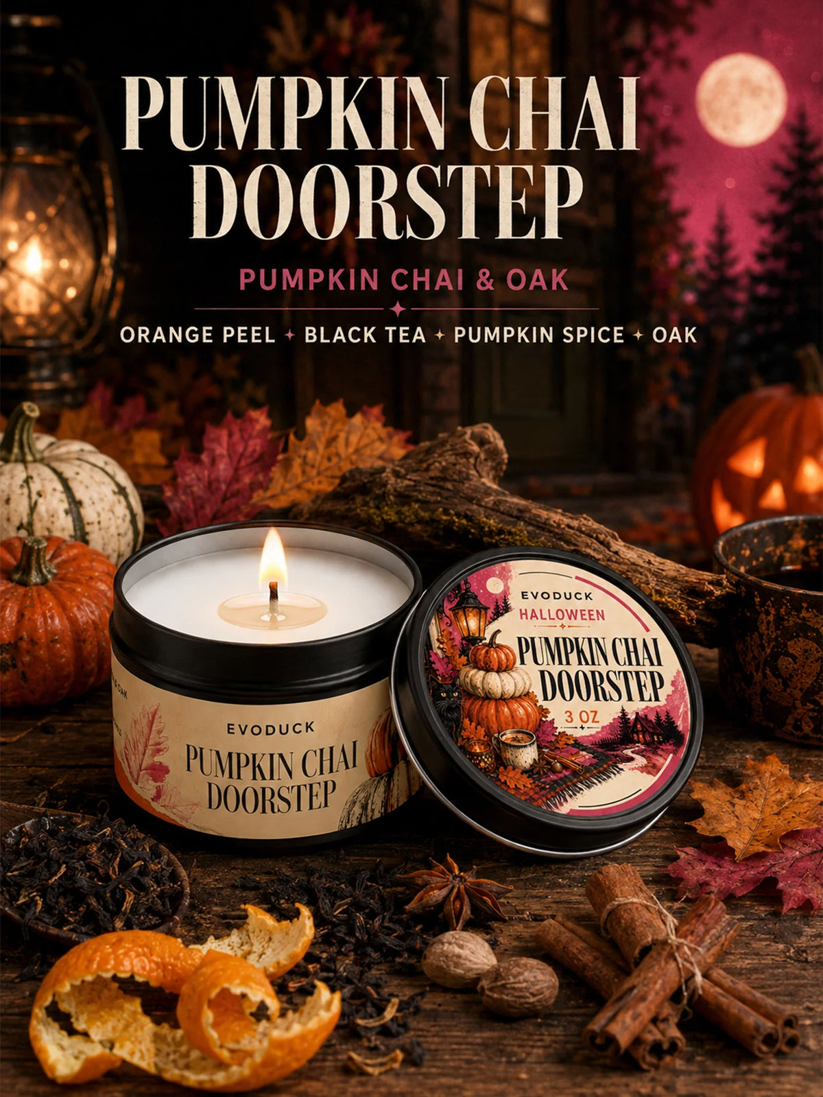 A set of pumpkin chai doorstep candles featuring orange peel, black tea, pumpkin spice, and oak scents.