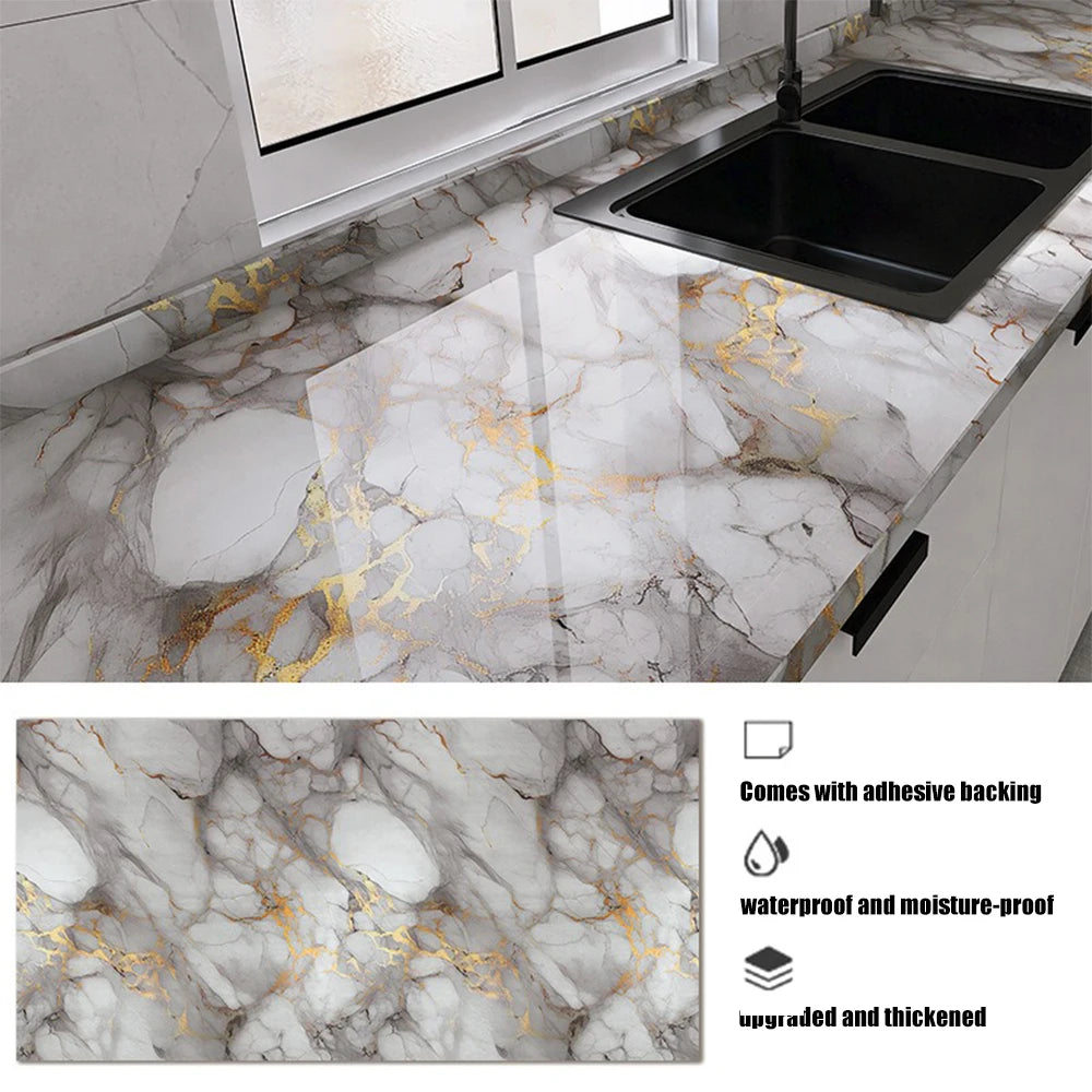 Marble pattern self-adhesive backsplash panel featuring gray marble with gold veining