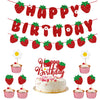 A strawberry themed party supplies kit featuring plates, cups, napkins, and a birthday banner.