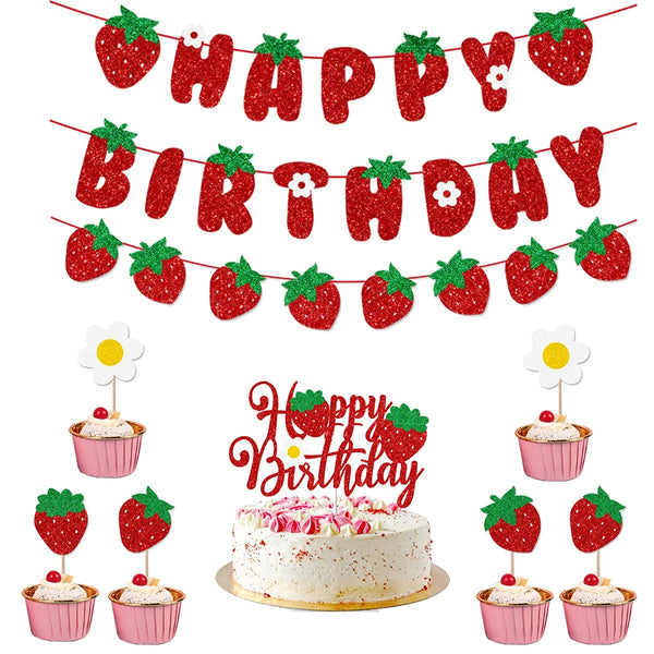 A strawberry themed party supplies kit featuring plates, cups, napkins, and a birthday banner.