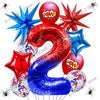 A collection of red and blue foil balloons shaped like the number 9, featuring spider themes and 'POW!' text.