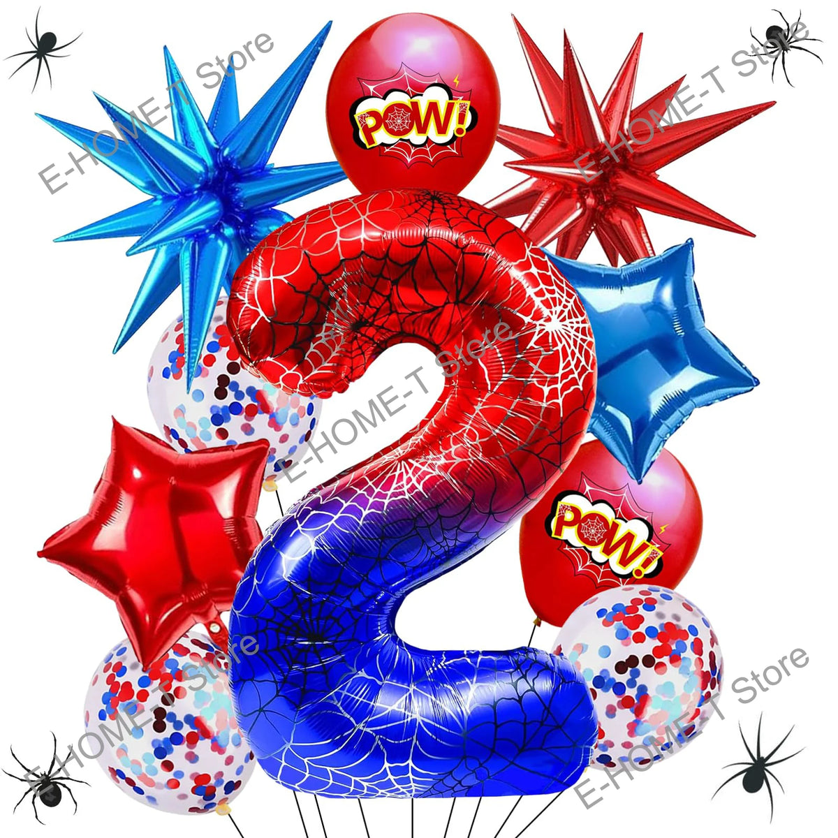 A collection of red and blue foil balloons shaped like the number 9, featuring spider themes and 'POW!' text.