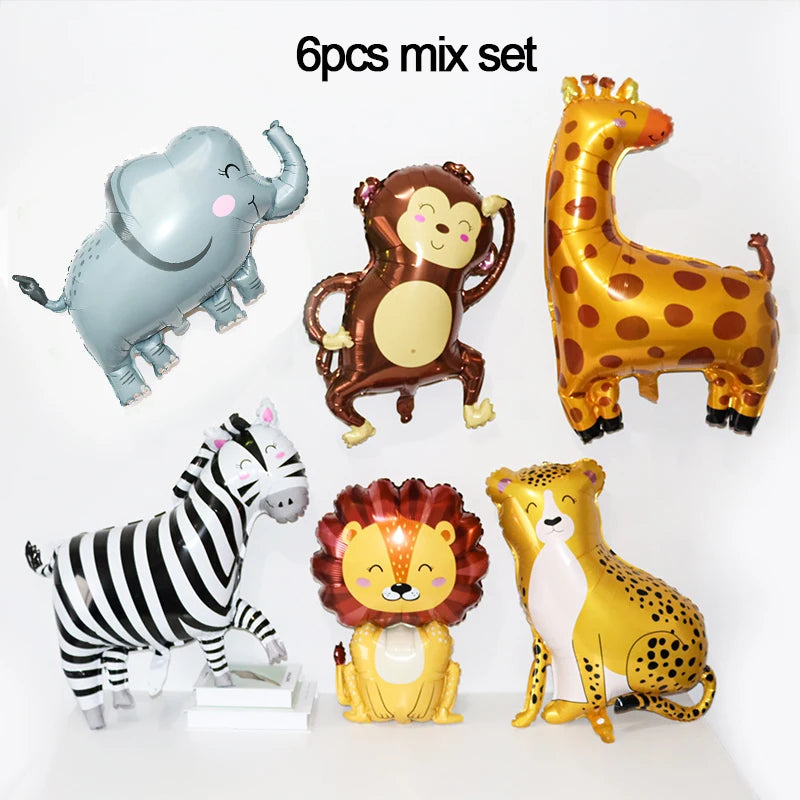 A mix set of six plastic animal figures including an elephant, lion, giraffe, zebra, and tiger for a birthday party.