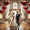 A couple stands in front of a window decorated with red heart balloons and white floral arrangements for a romantic celebrati