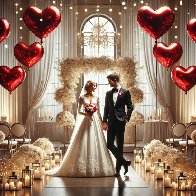A couple stands in front of a window decorated with red heart balloons and white floral arrangements for a romantic celebrati