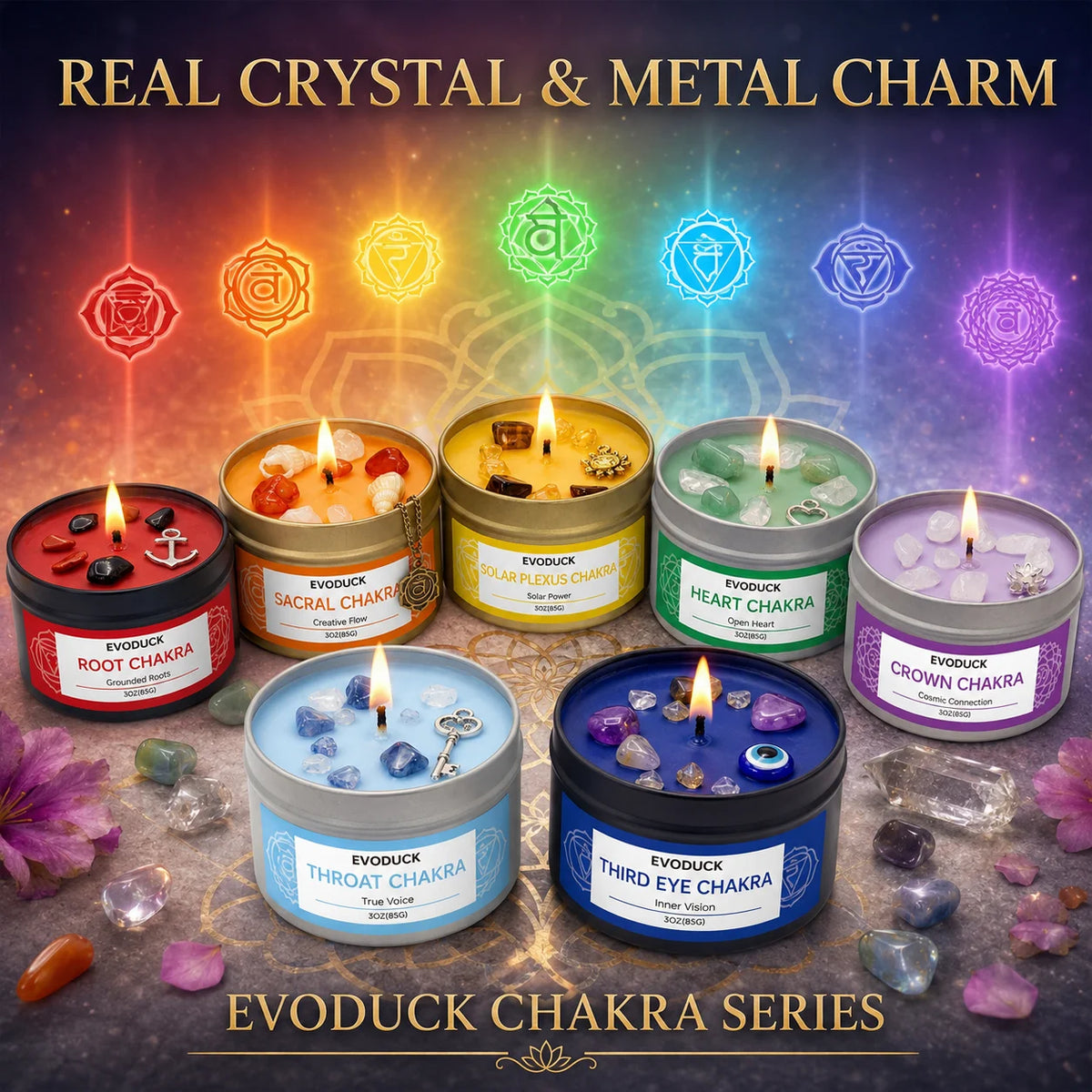 A set of seven Evoduck chakra scented candles featuring real crystals and metal charms in various colors.