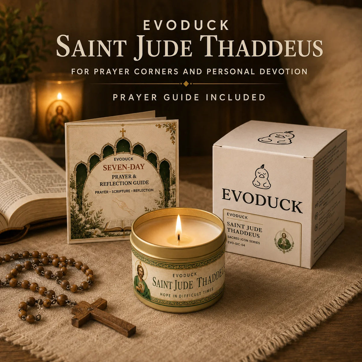 Evoduck Saint Jude Thaddeus prayer candle in a tin set with a gift box and prayer guide