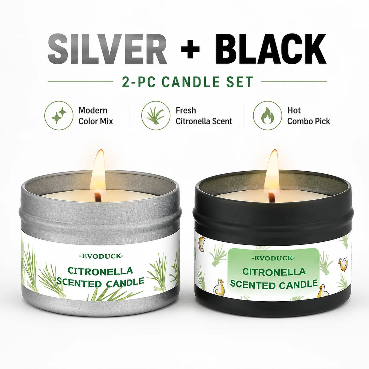 A set of two Evoduck citronella scented candles in silver and black colors.