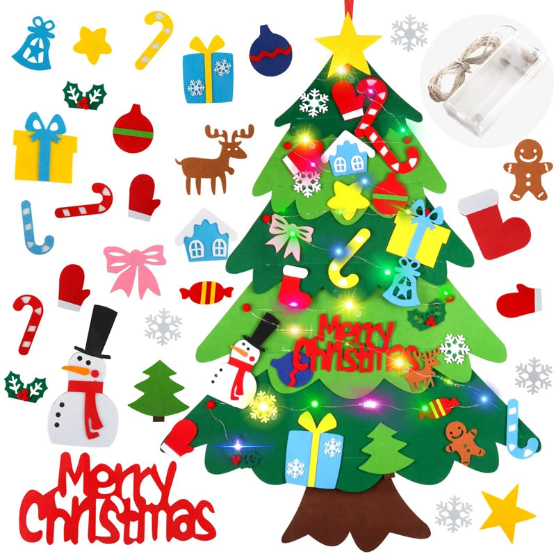 Árbol de Navidad festivo decorado con diversos adornos de fieltro como estrellas, regalos, campanitas y figuras navideñas.