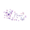 Watercolor illustration of various purple and blue butterflies forming the word Name