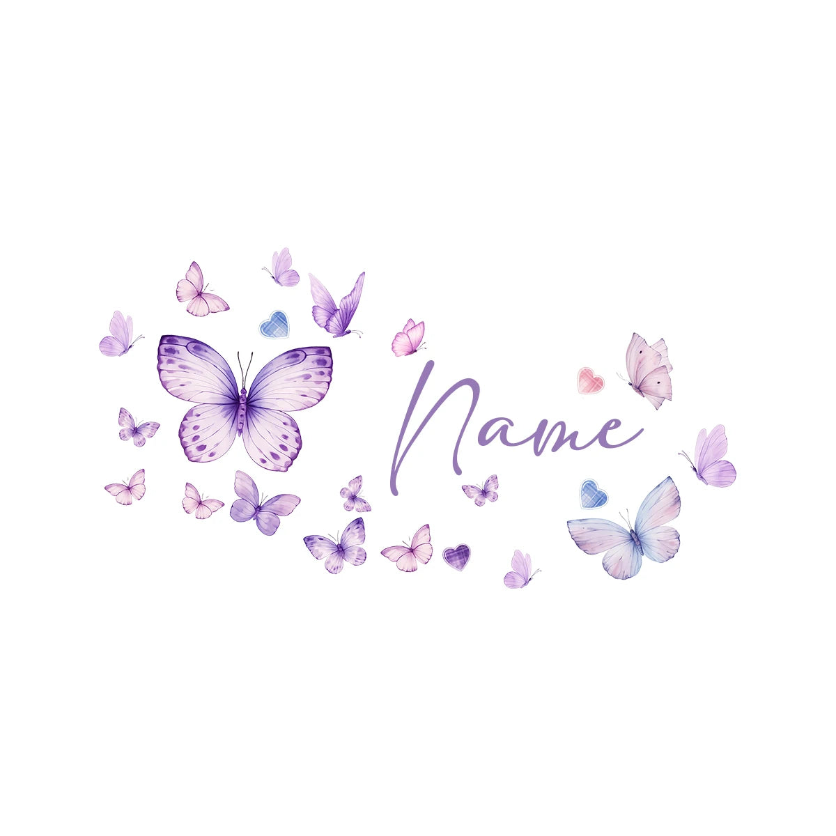 Watercolor illustration of various purple and blue butterflies forming the word Name