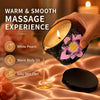 A hand pours white peach massage oil from a candle into a dish, showing a warm and smooth massage experience.
