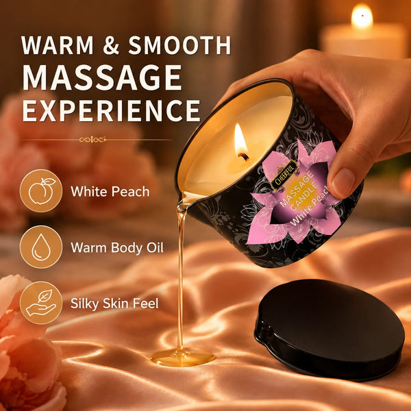 A hand pours white peach massage oil from a candle into a dish, showing a warm and smooth massage experience.