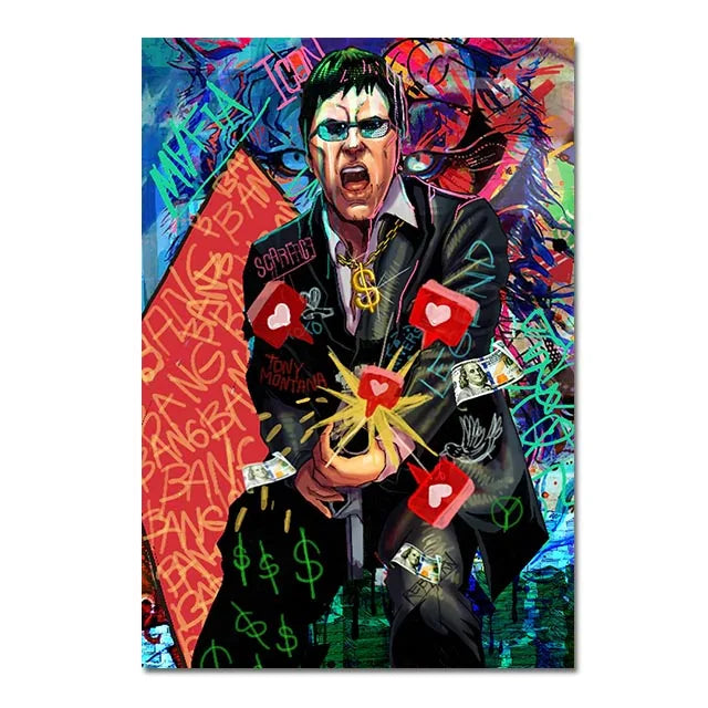 A portrait of a man with glasses and an open mouth, set against a vibrant background of abstract graffiti art.