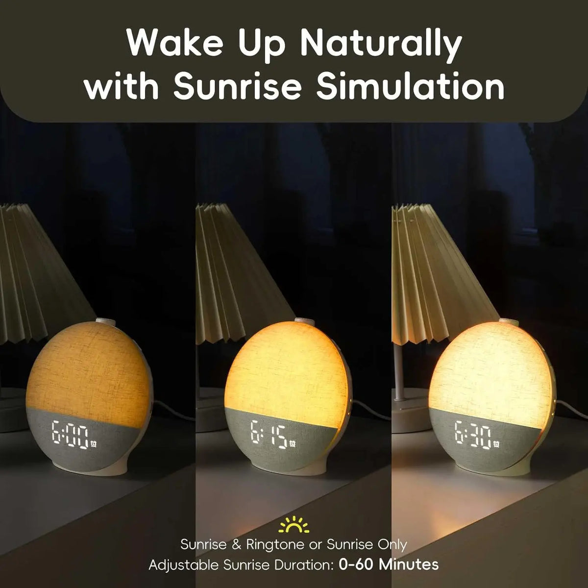 Sunrise simulation alarm clock displaying 6:30 with a warm light in a dark room.