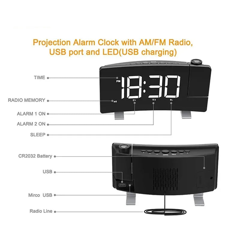 A black projection alarm clock with an LED display showing 18:30, featuring AM/FM radio and a USB port.