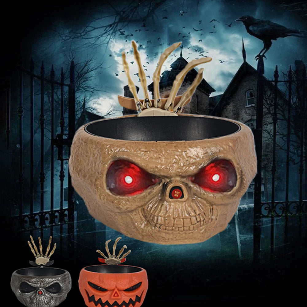 A Halloween ghost fruit bowl with motion-activated sounds is displayed against a dark, spooky background.