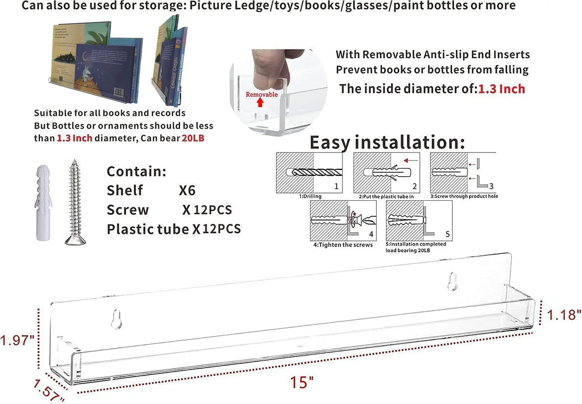 Clear acrylic floating shelf designed for storing books, toys, or paint bottles.