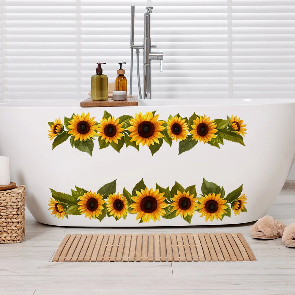 Pastoral sunflower wall stickers set of two featuring yellow and green sunflowers on a white bathtub